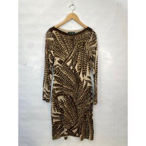 Lauren Ralph Lauren Feather Print Boatneck Sheath Dress Size Large Silk Cashmere